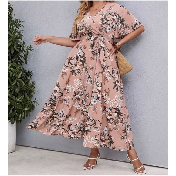 Plus Boho Pink Floral Print Butterly Sleeve Belted Maxi Dress - Picture 2 of 4